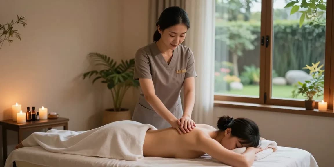 스웨디시 마사지 중인 전문 마사지사의 아늑한 실내 장면