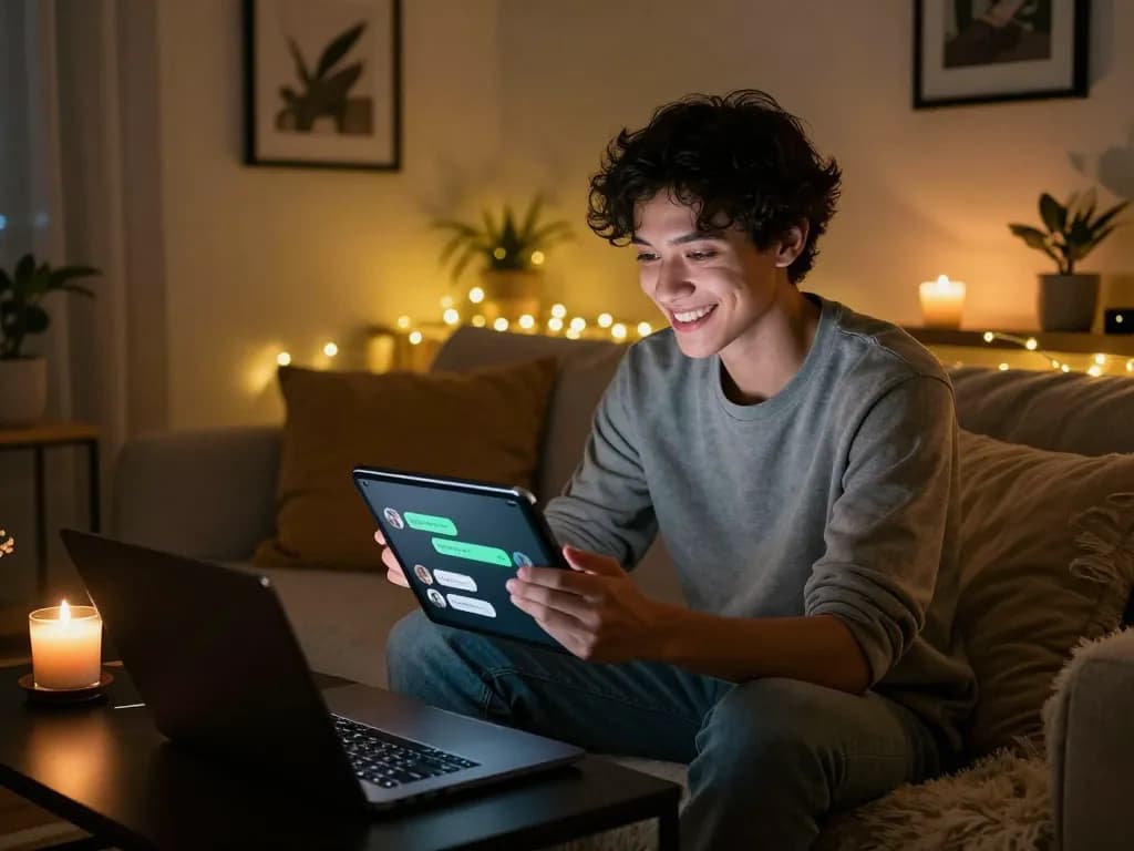 User enjoying an nsfw chat bot on a tablet in a cozy, dimly-lit room with soft pillows and warm fairy lights.