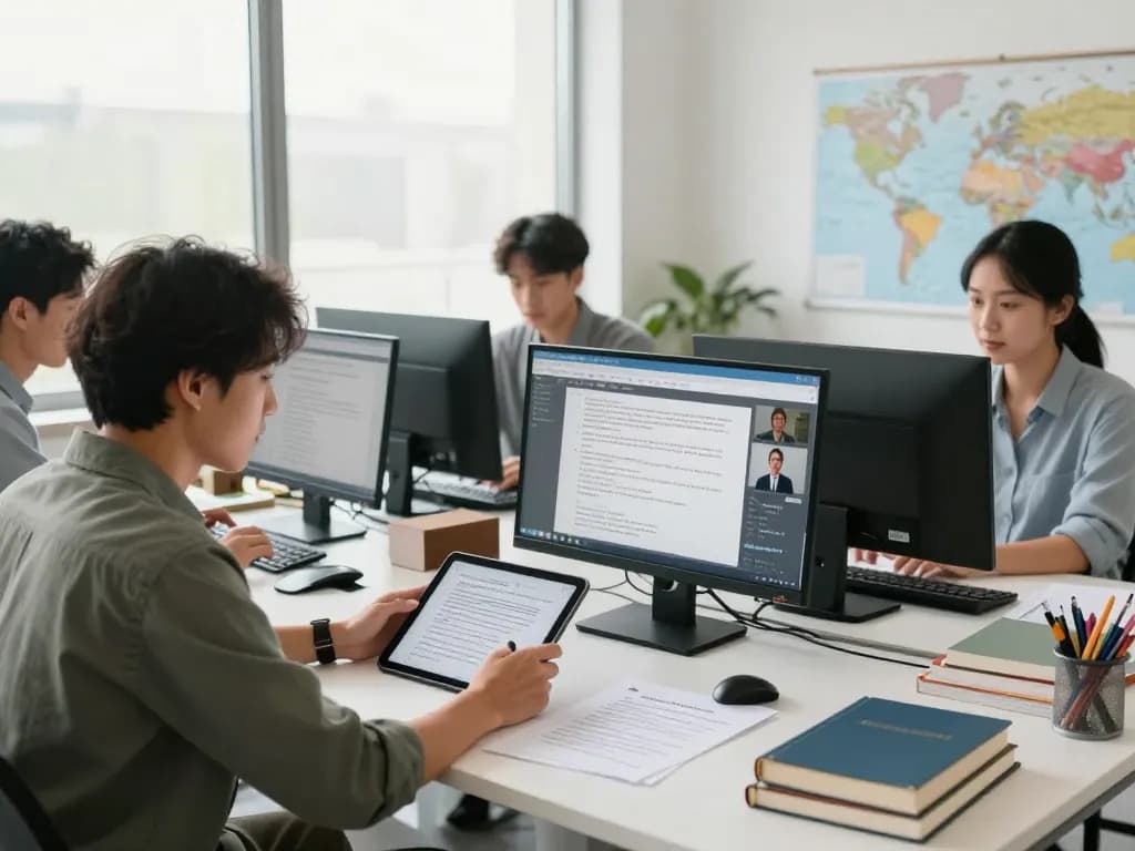 다양한 언어와 도구를 사용하여 현대 사무실에서 번역비용 프로젝트에 협력하는 역동적인 번역 팀.