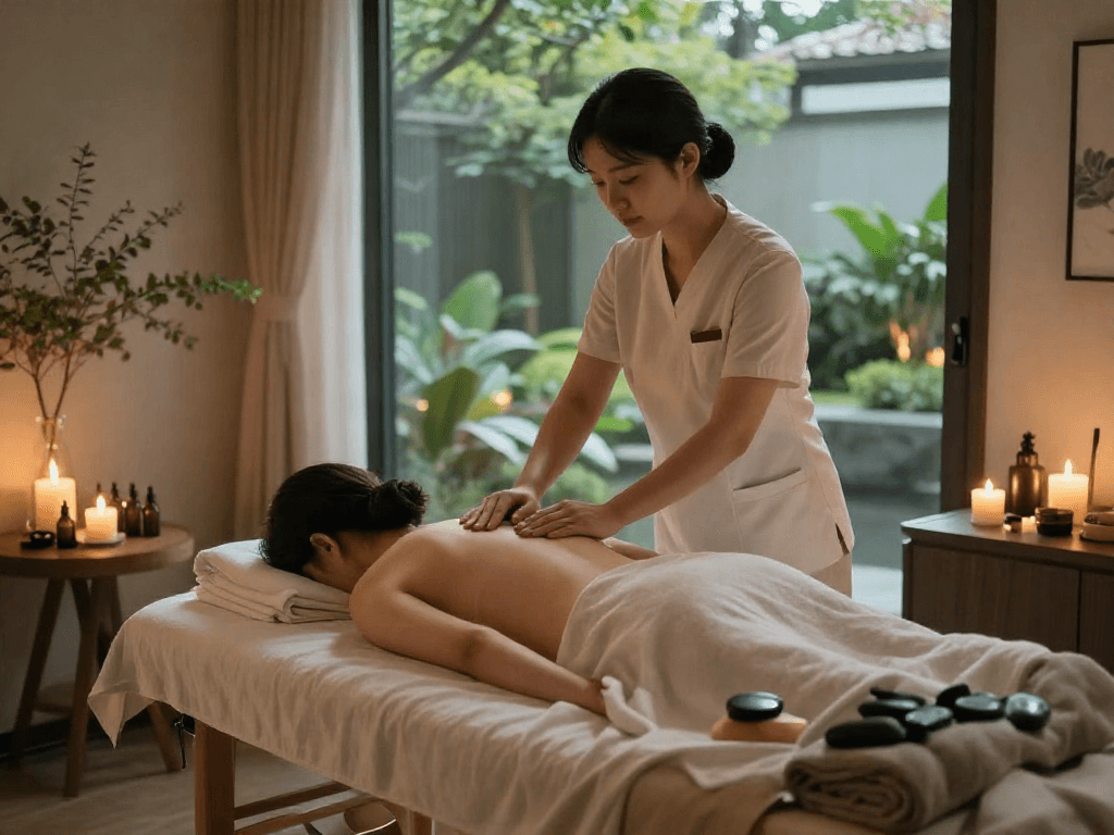 Relaxing 성남출장마사지 in a serene spa room with candles and essential oils.