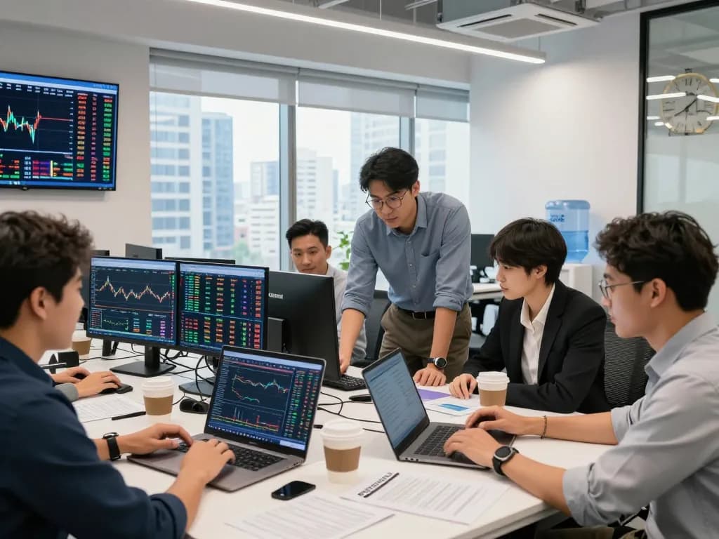 현대 사무실에서 협력하는 Upto 거래소 트레이더들, 안전하고 효율적인 거래 환경을 선보임
