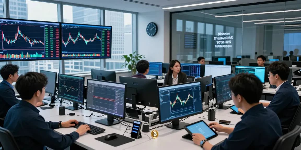 Cryptocurrency traders analyzing real-time data at 업투익스체인지 headquarters, showcasing dynamic trading environment.