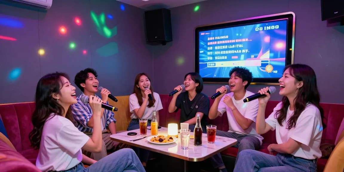 강남가라오케에서 친구들과 즐거운 노래 시간을 보내는 모습