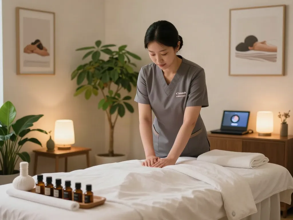Relaxation therapy scene emphasizing 송파출장안마 services with a calming ambiance and professional setup.