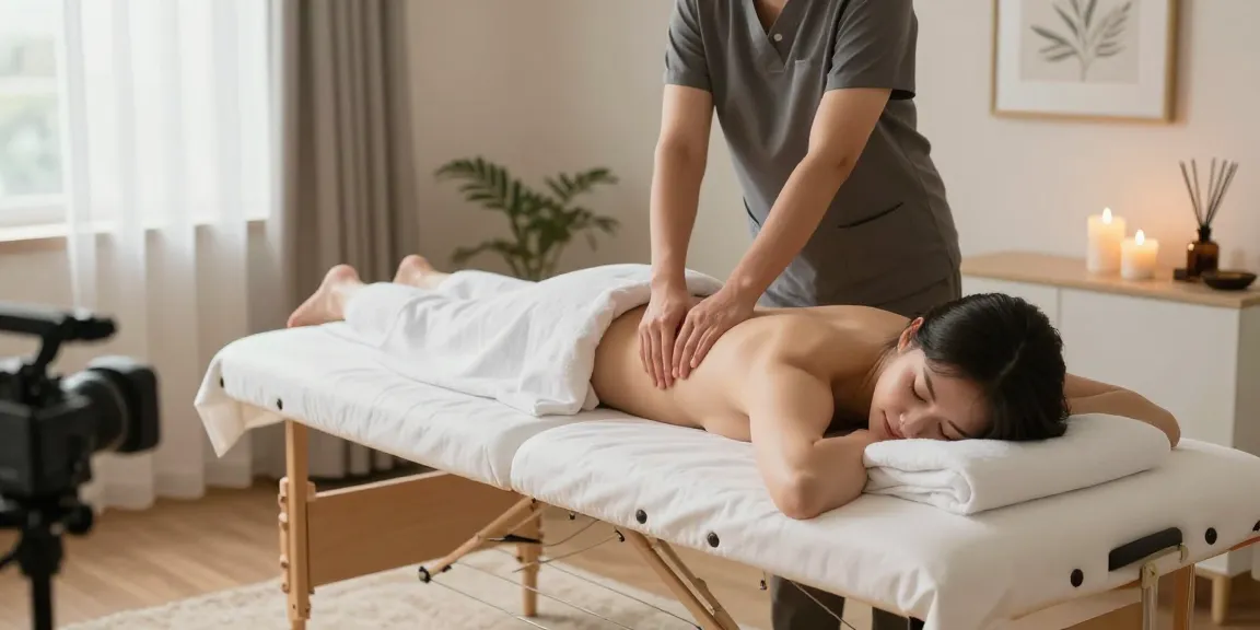 일산출장안마 전문 마사지 서비스가 진행되는 아늑한 분위기의 공간, 편안한 마사지 테이블과 아로마 오일, 촛불이 어우러진 분위기.