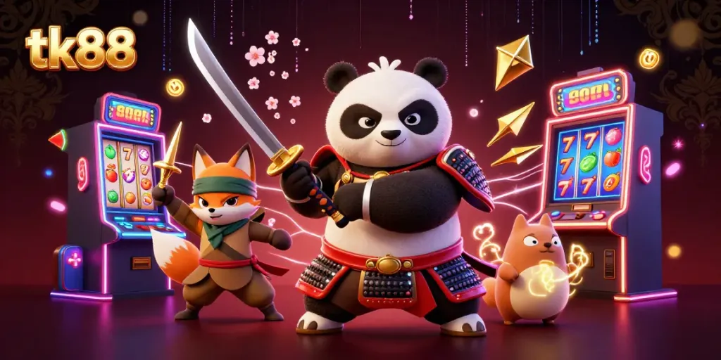 Experience the thrill of tk88 with a dynamic 3D casino scene featuring a panda samurai and fox ninja.