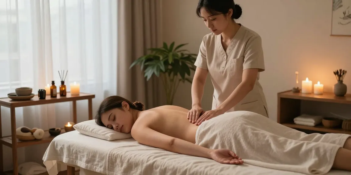 마사지 치료를 준비하는 아늑한 스파 장면, 편안한 치료 테이블과 아로마 캔들이 특징입니다.