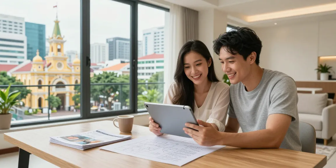 다낭 아파트 월세를 찾는 젊은 커플이 아파트 리스트를 보며 기뻐하는 장면