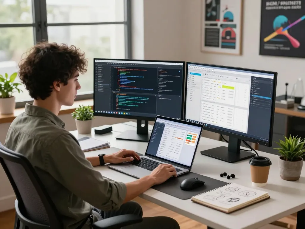 Developer utilizing clawdbot ai in a modern office setup with dual monitors and design applications.