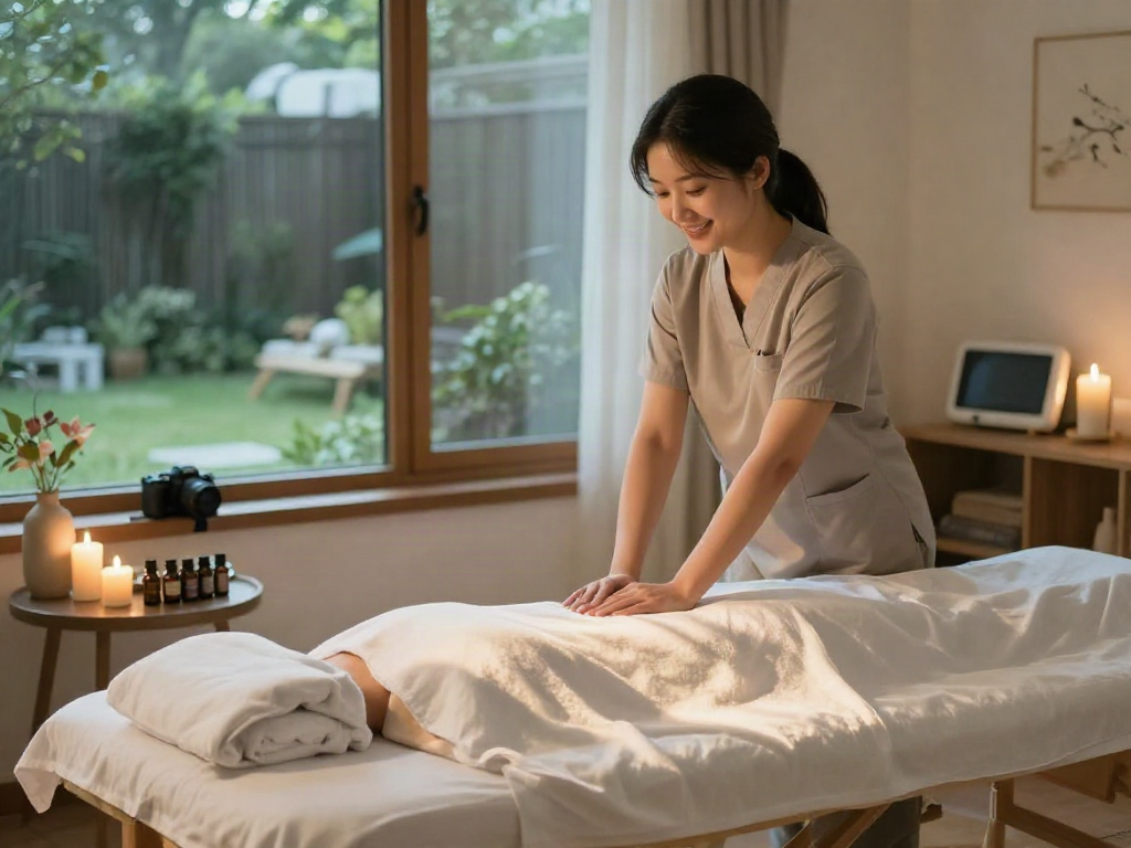 Experience relaxation with 강서구출장마사지 in a serene home setting featuring essential oils and soothing ambiance.