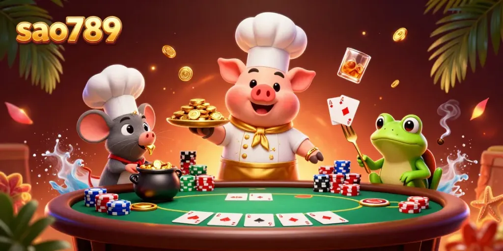 Experience the excitement of sao789 with our vibrant 3D casino scene featuring colorful chips and iconic characters.