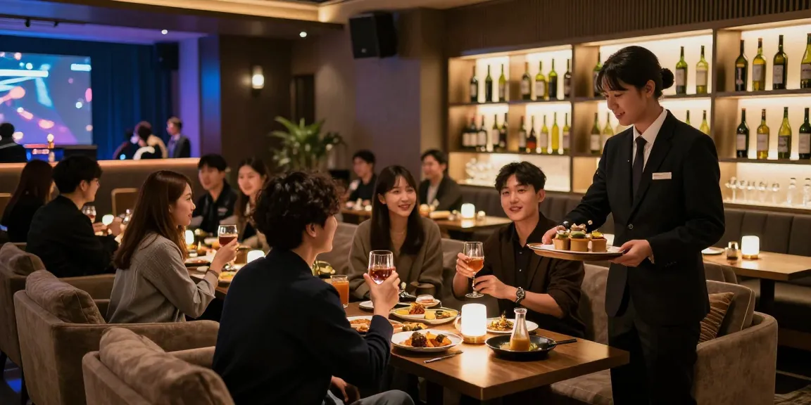강남 구구단의 고급스러운 라운지 내부와 친절한 매니저가 손님을 맞이하는 모습입니다.