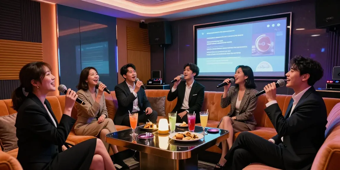 강남쩜오를 통한 프리미엄 가라오케에서 친구들과 즐거운 시간을 보내는 모습