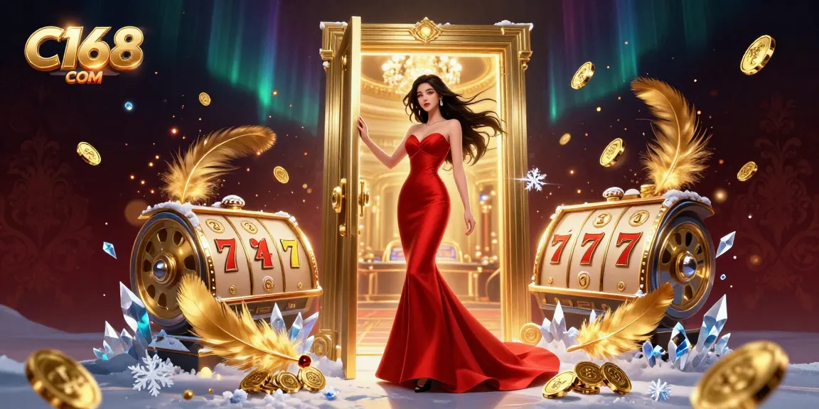 C168 COM invites players with an elegant Asian woman in a casino scene rich with golden elements and slots.