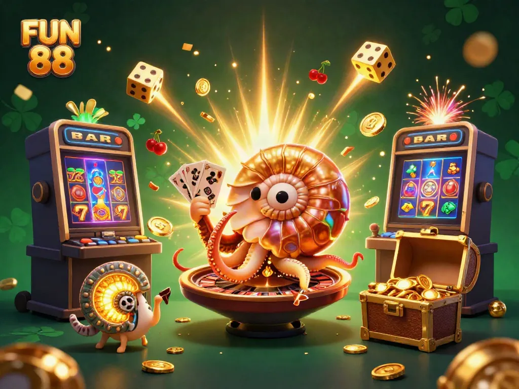 Engage with FUN 88's vibrant casino gaming scene featuring a nautilus roulette wheel and jackpot elements.