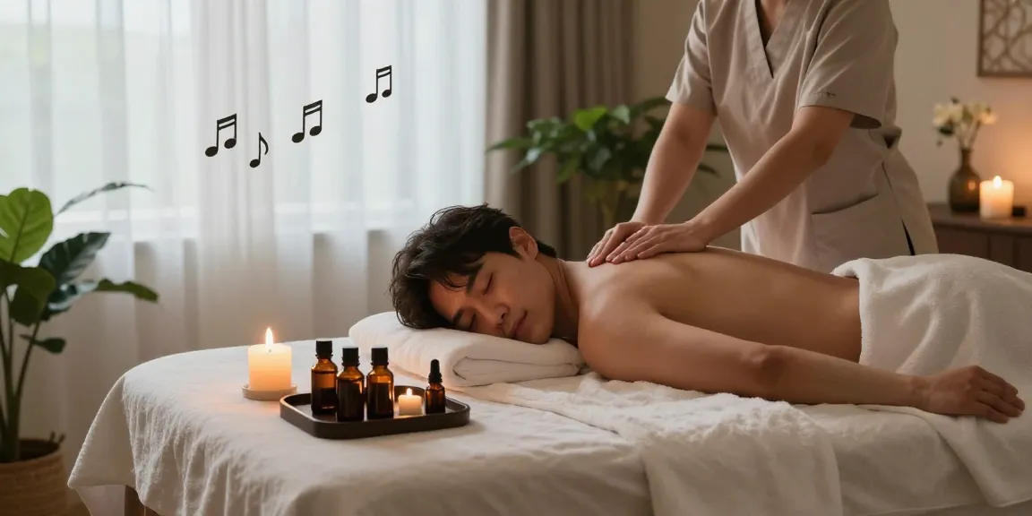 편안한 spa에서 제주마사지 받는 남성 모습, 아로마 오일과 촛불 빛으로 차분한 분위기 연출