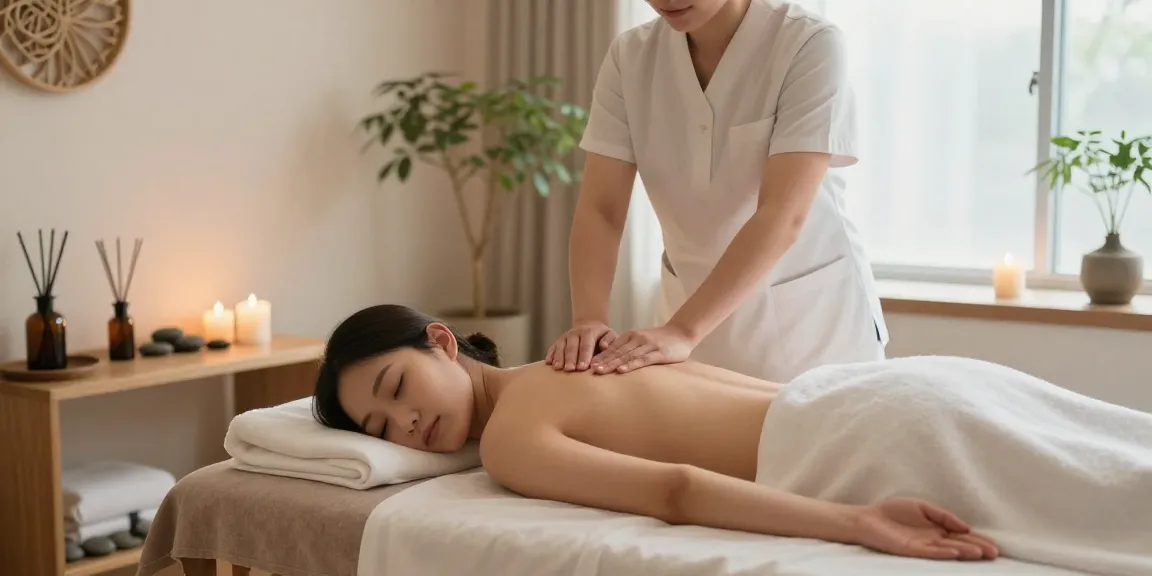 안양출장마사지 중인 마사지 치료사와 편안한 고객, 자연 채광이 비추는 스파 룸의 평화로운 분위기.