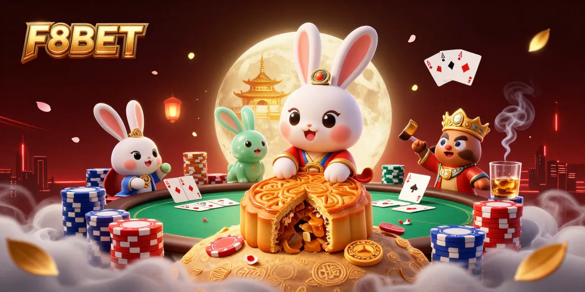 Experience F8BET's vibrant online casino scene with a moon rabbit and poker elements.