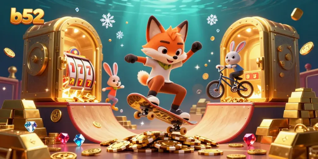 Engage with the thrilling b52 casino, as vibrant characters celebrate wins amidst sparkling treasures.