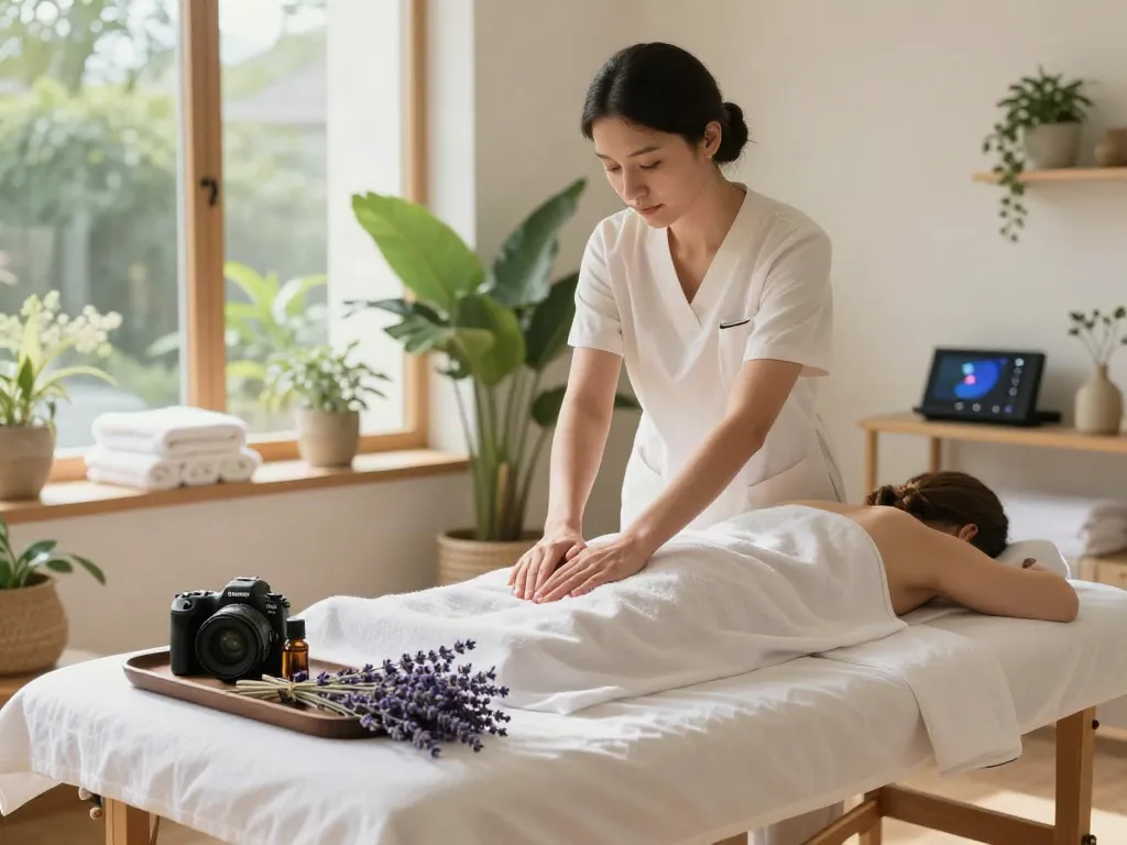 Relaxing massage therapy room ready for 광명출장안마 with aromatic oils and soft lighting.