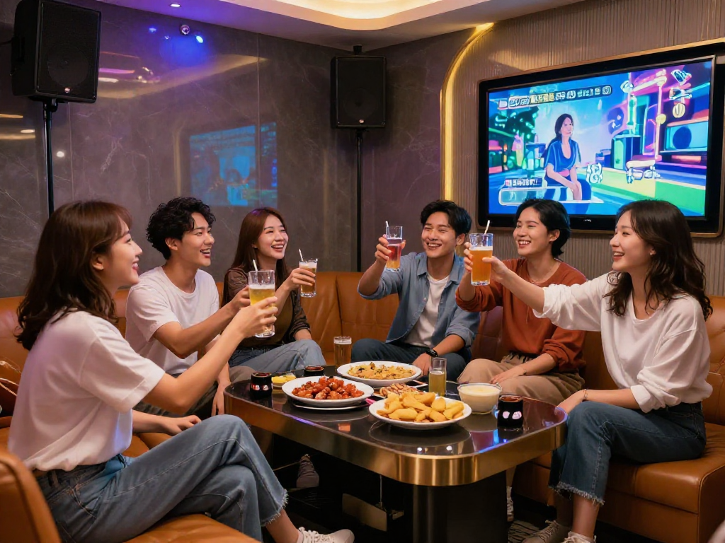 강남엘리트에서 즐거운 시간을 보내는 친구들, 세련된 가라오케 룸의 분위기