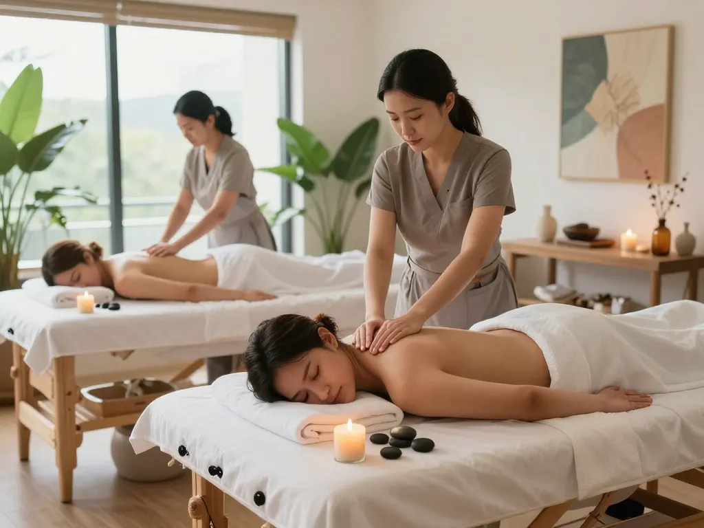 평화로운 분위기에서 오피스타 서비스를 선보이는 마사지 트리트먼트를 특징으로 하는 편안한 웰니스 스파 환경.