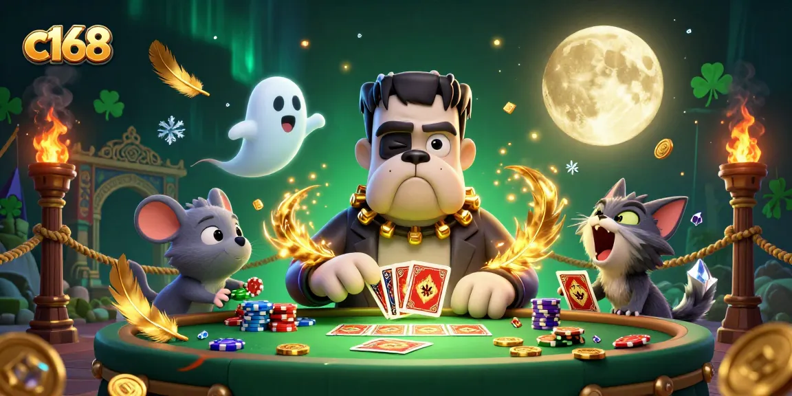 Experience thrilling gameplay at c168 with a supernatural scene combining a Frankenstein bulldog and unique casino elements.