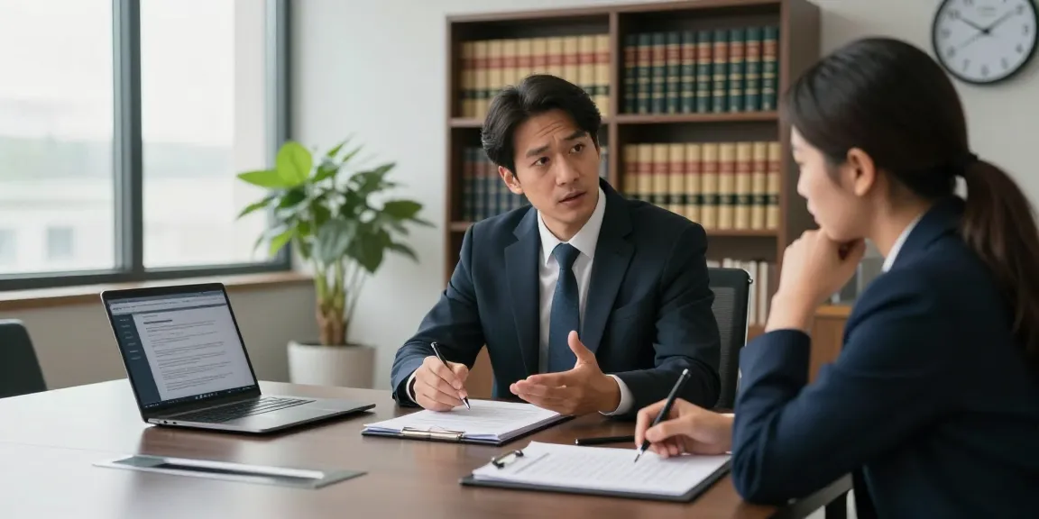 In a modern office, a lawyer and client discuss legal matters; you can find out more about consultation processes.