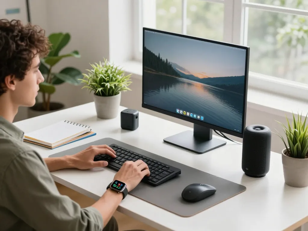 Focused individual showcasing must have tech gadgets in a modern workspace.