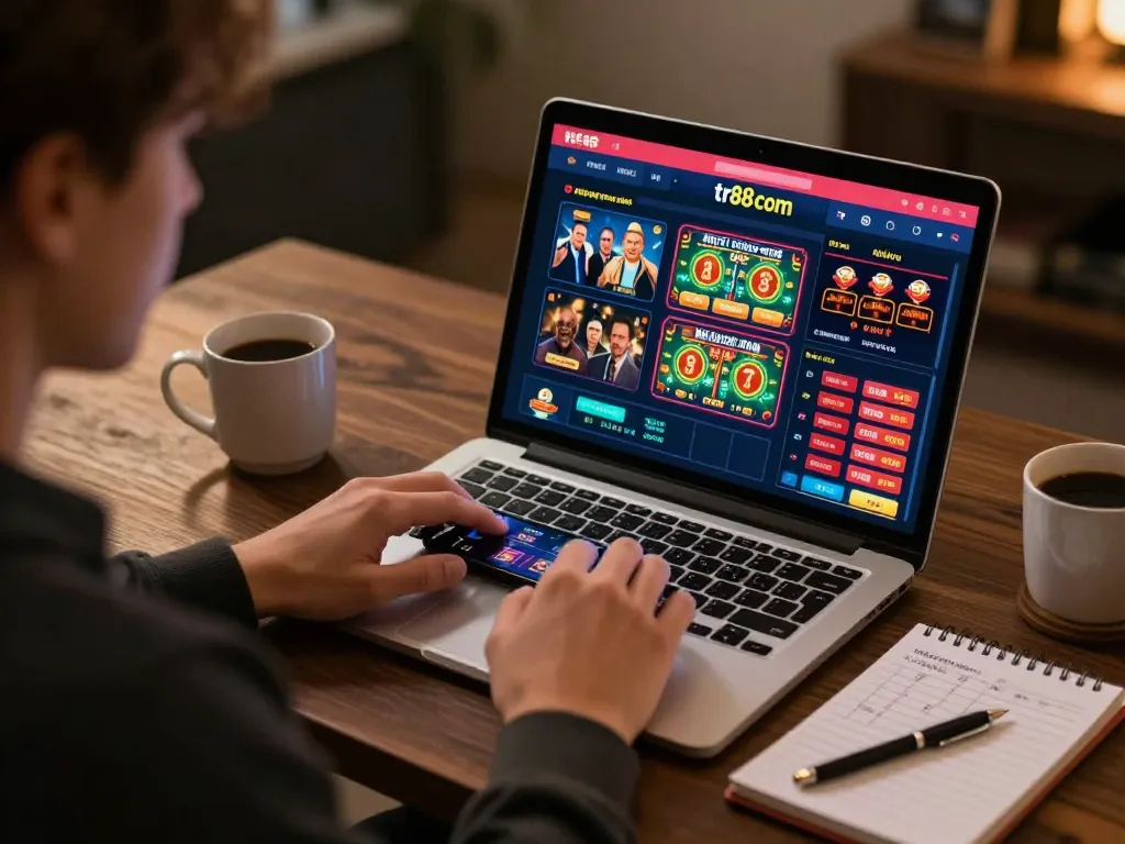 Engaging online gaming session on tr88 com with a player using laptop and smartphone in a cozy environment.