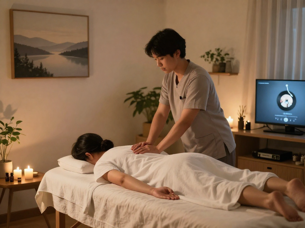 신림출장마사지 session in a serene home setting with candles and soft lighting.
