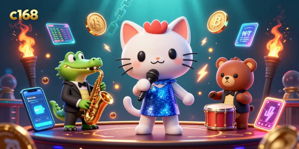 Engage with c168 at a vibrant casino scene showcasing playful characters and glowing crypto elements.