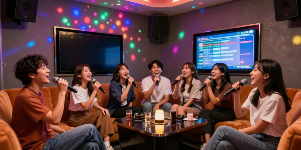 강남 가라오케에서 친구들과 함께 노래하는 즐거운 모습