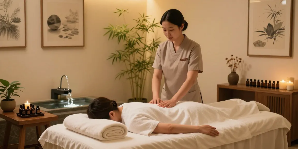 강남여성전용마사지 session preparation in a serene spa room with calming ambiance.