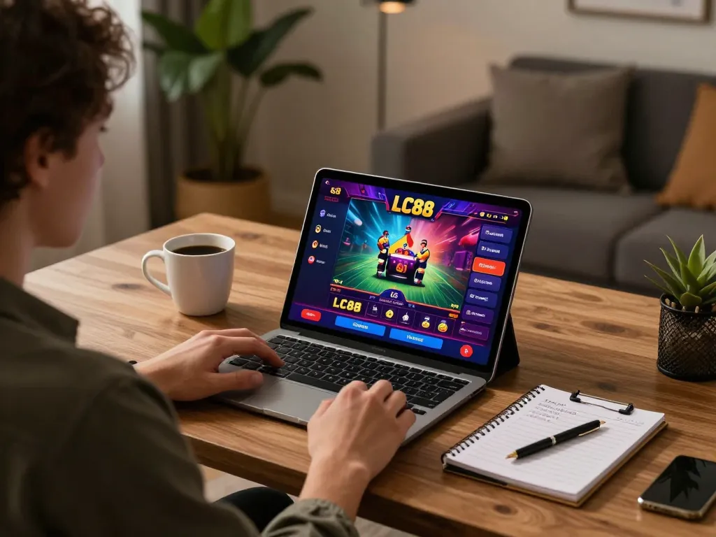 Engaged player enjoying LC88 online gaming with tablet interface in a cozy home office.