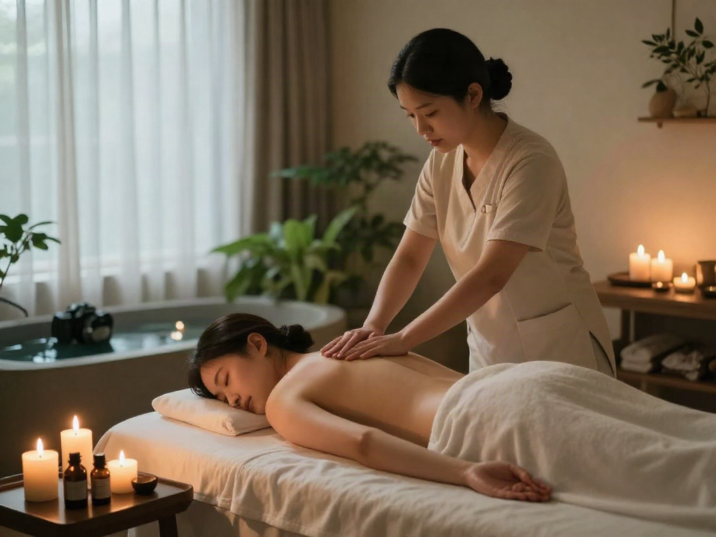 Professional 의정부출장마사지 in a serene spa atmosphere with calming elements for relaxation.
