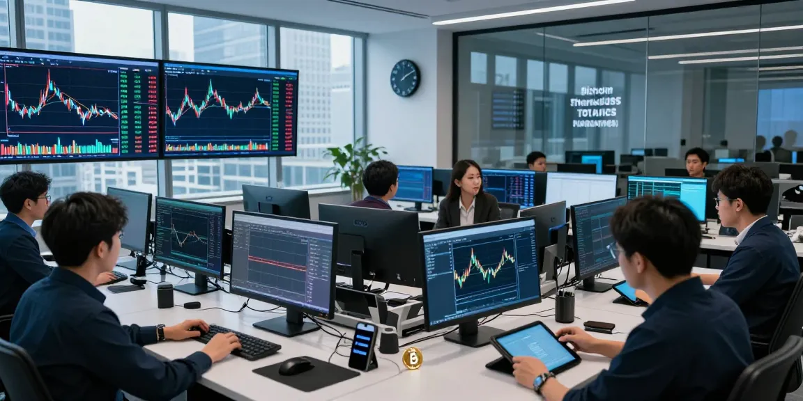 Cryptocurrency traders analyzing real-time data at 업투익스체인지 headquarters, showcasing dynamic trading environment.