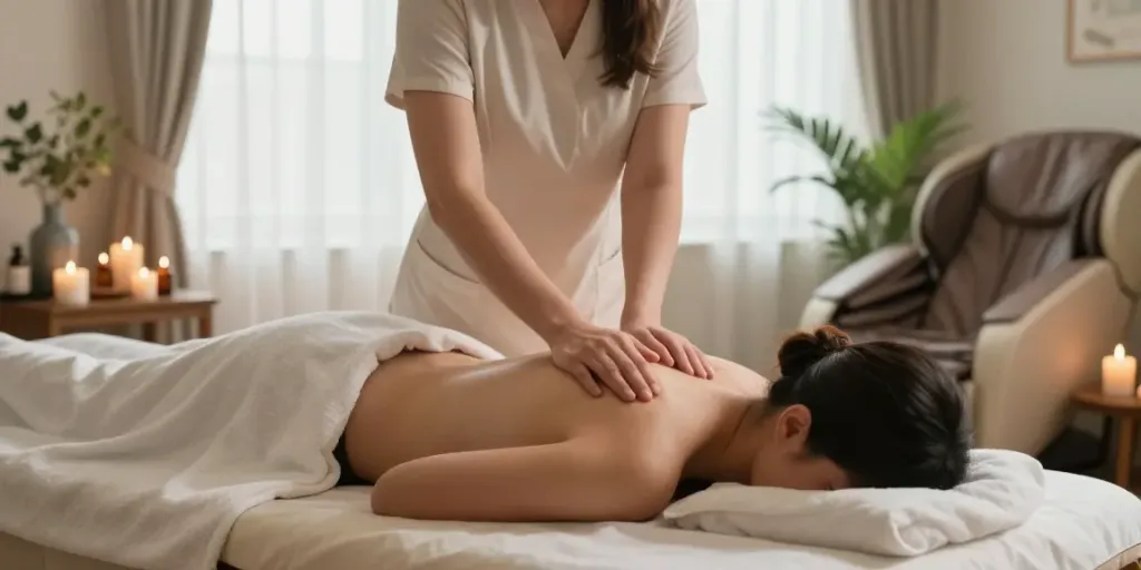 동탄출장안마 관련 아로마 마사지 치료 장면, 편안한 분위기에서 마사지사가 고객을 치료하고 있습니다.
