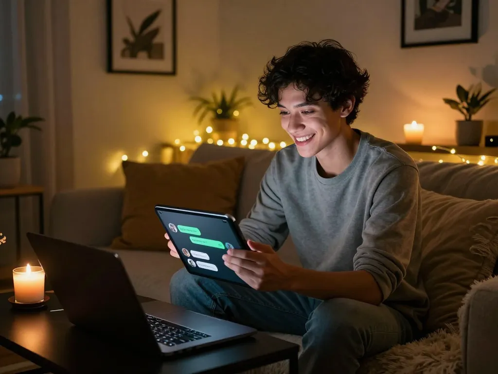 User enjoying an nsfw chat bot on a tablet in a cozy, dimly-lit room with soft pillows and warm fairy lights.