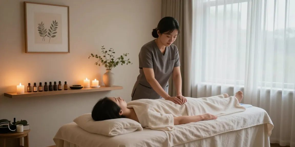 Relaxing 김포출장마사지 room with soothing lighting, massage table, and essential oils.