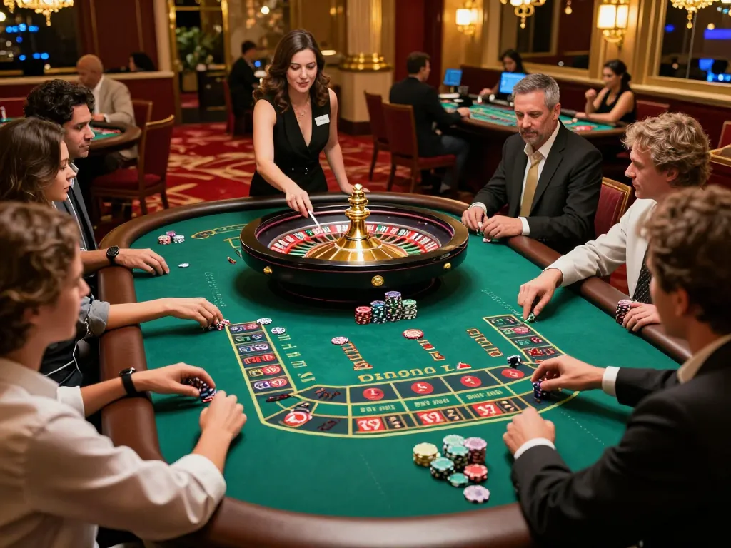 Players placing bets at a lively LLWIN roulette table in a luxurious casino atmosphere.