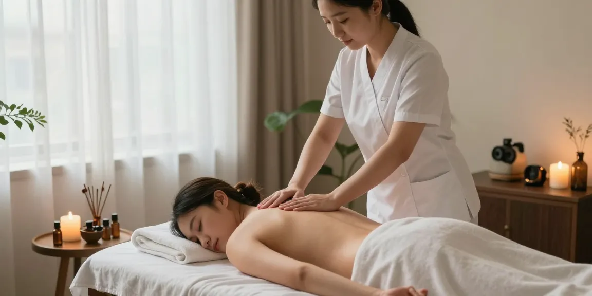 영등포출장안마를 위한 평화로운 마사지 치료실 풍경, 전문가가 고객의 등을 마사지하는 모습
