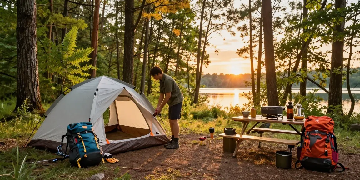 Exploring the outdoors with rokok88 slot login at a scenic campsite, showcasing high-tech gear and sunset.