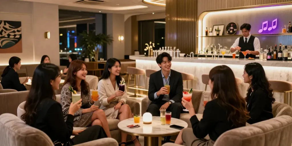 강남유앤미의 고급스러운 공간에서 친구들이 함께 즐기는 모습