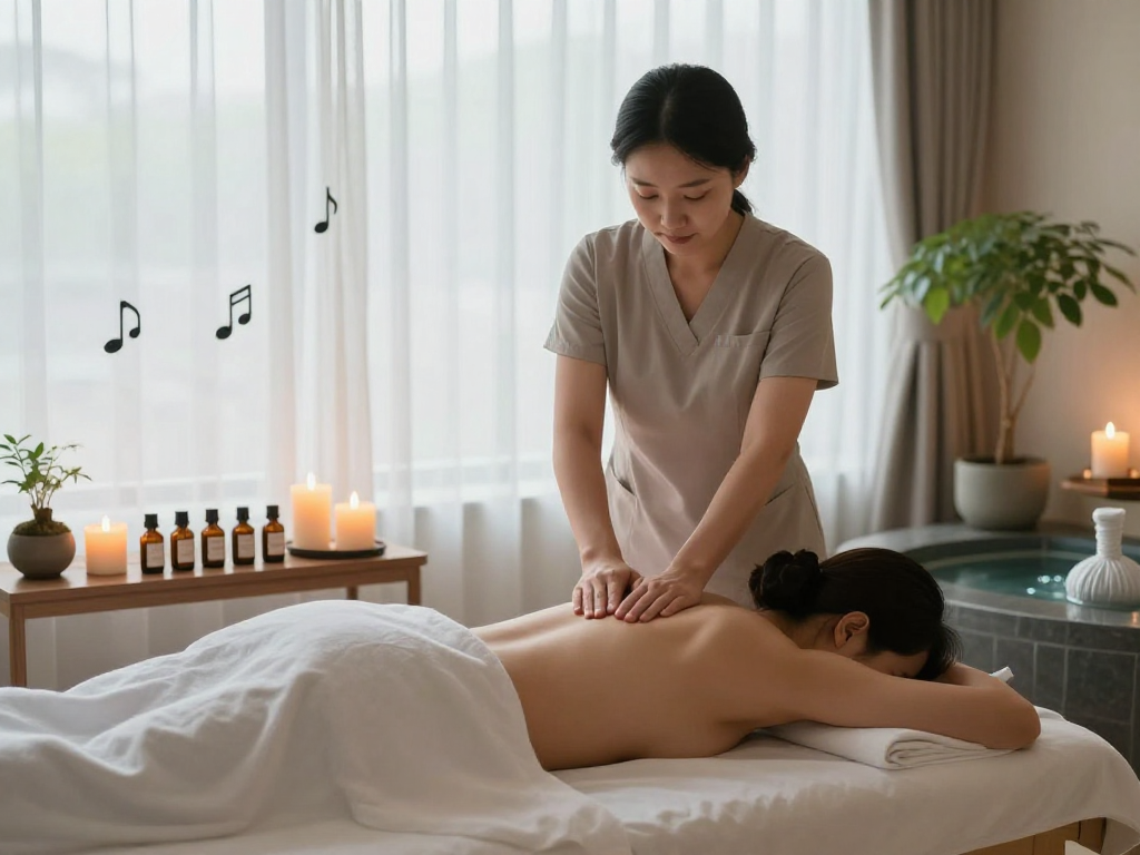 Massage therapist providing 남양주출장마사지 in a tranquil spa setting with candles and natural light.