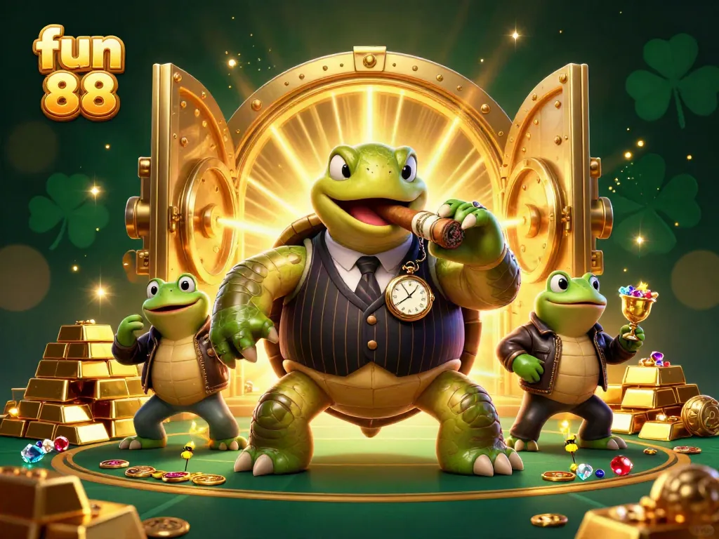 Experience a thrilling moment at fun 88, captivating a lively casino scene with vibrant characters and sparkling treasure.