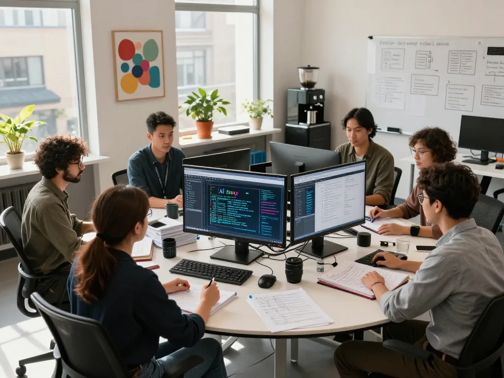 Researchers analyzing AI sex content data in a vibrant lab environment.