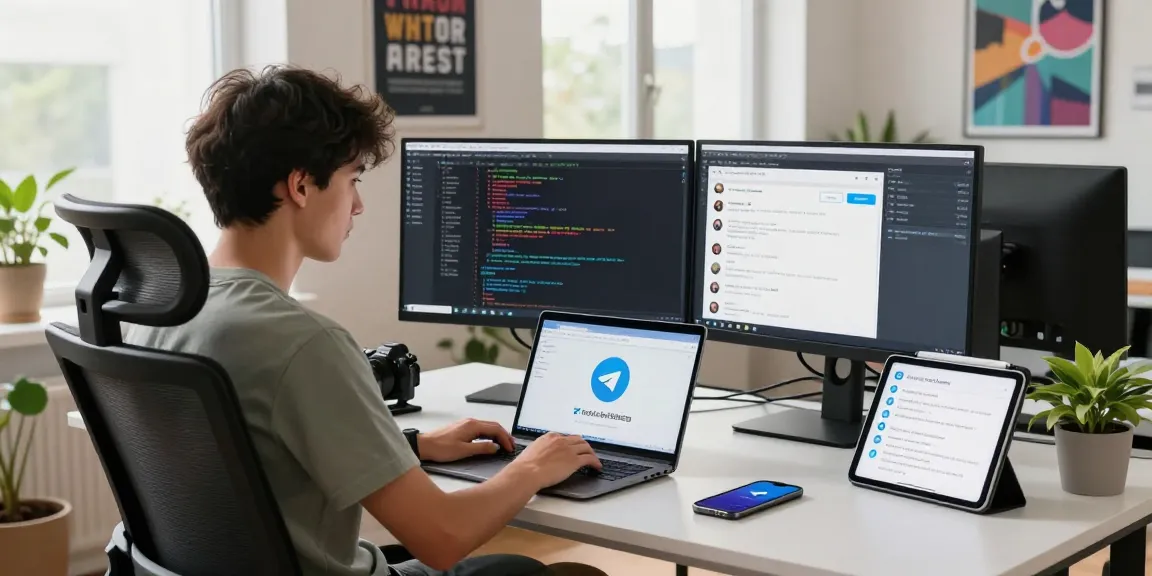 Young professional using Telegram web version in a modern workspace.