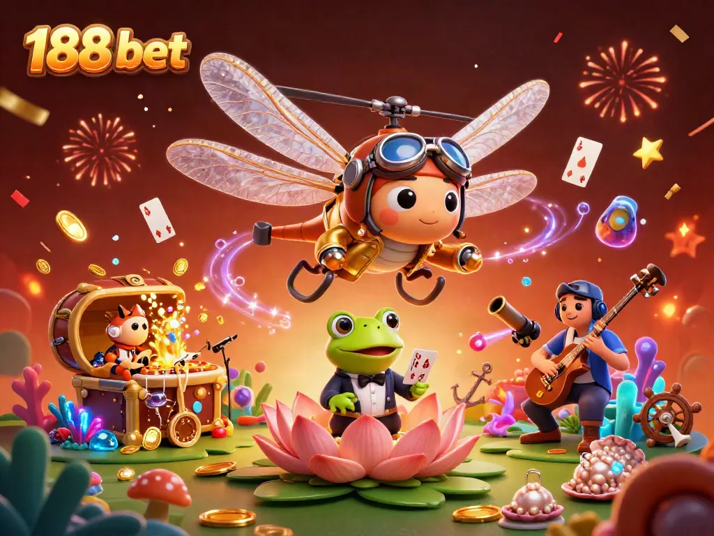 Experience the vibrant world of 188 bet with a whimsical dragonfly pilot and frog croupier in this dynamic casino scene.
