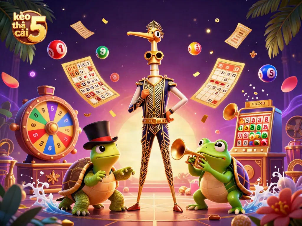 Catch the excitement of kèo nhà cái 5 with vibrant lottery balls and lively characters in a thriving casino atmosphere.